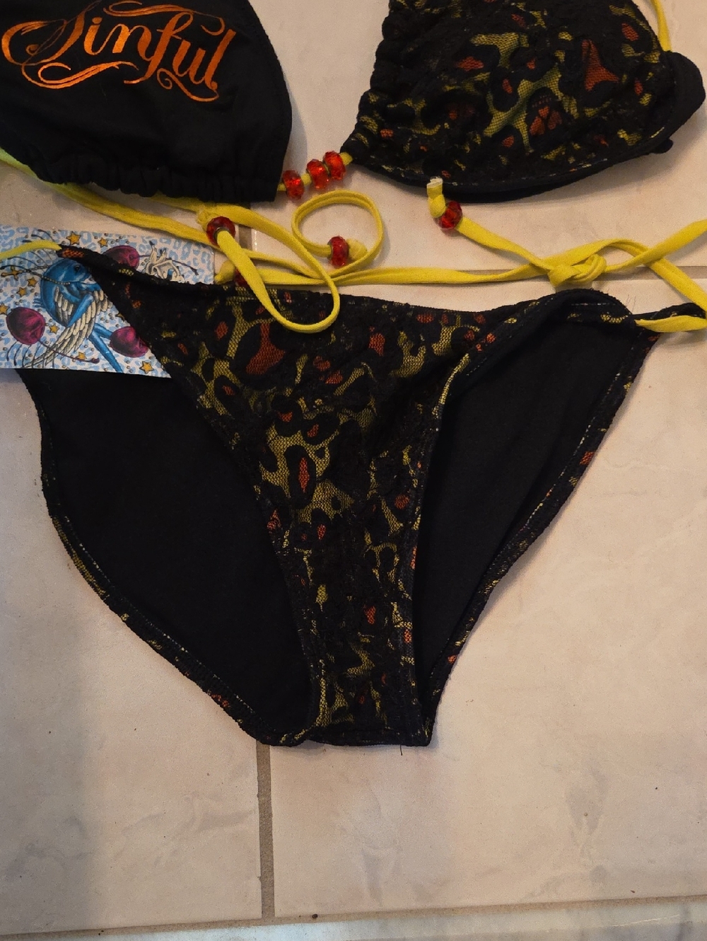 Sinful Affliction Black Lace Bikini Yellow Ties and Multicolor Accent - Picture 4 of 9
